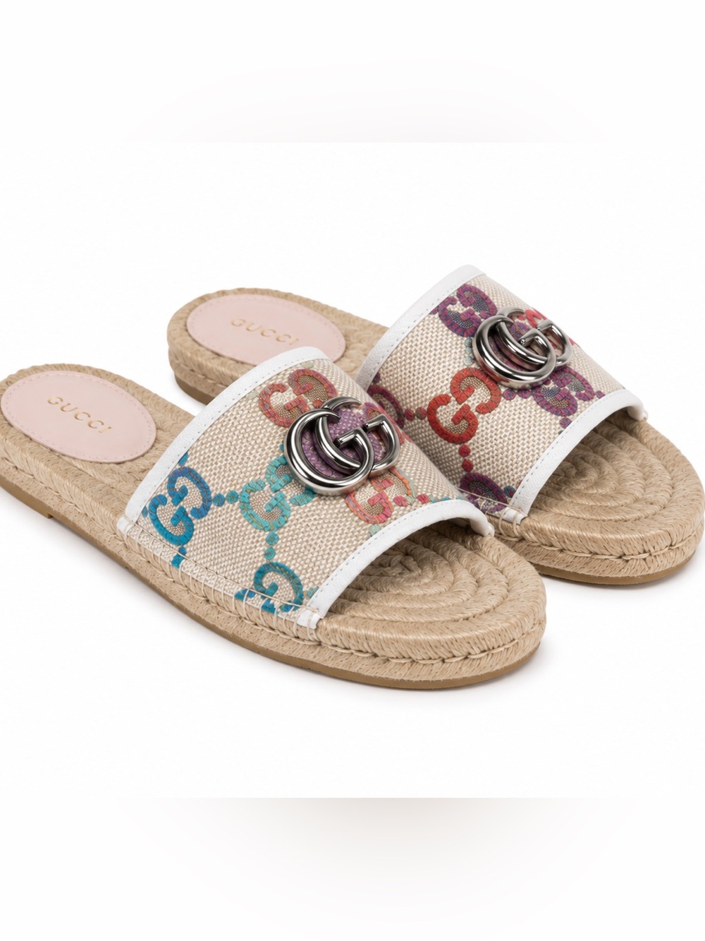 Gucci Multicolor GG Canvas Slide Mules with Silver Double G